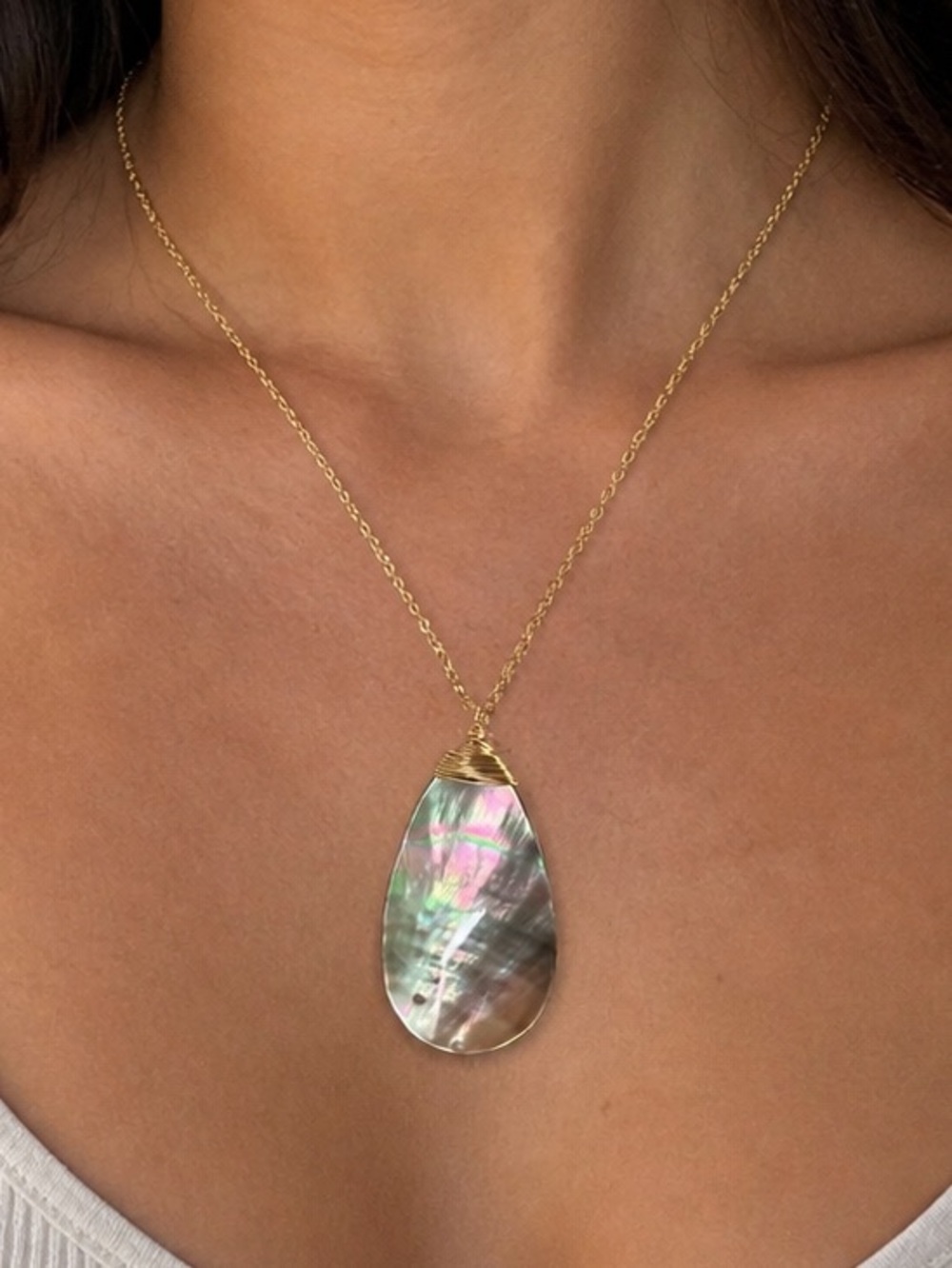 Artisan Gold Wire-Wrapped Iridescent Teardrop Necklace - natural black lip shell